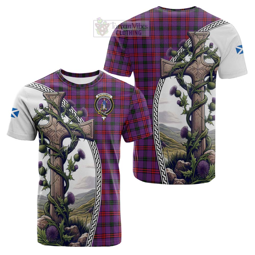 Tartan Vibes Clothing Montgomery Tartan Cotton T-shirt with Family Crest and St. Andrew's Cross Accented by Thistle Vines