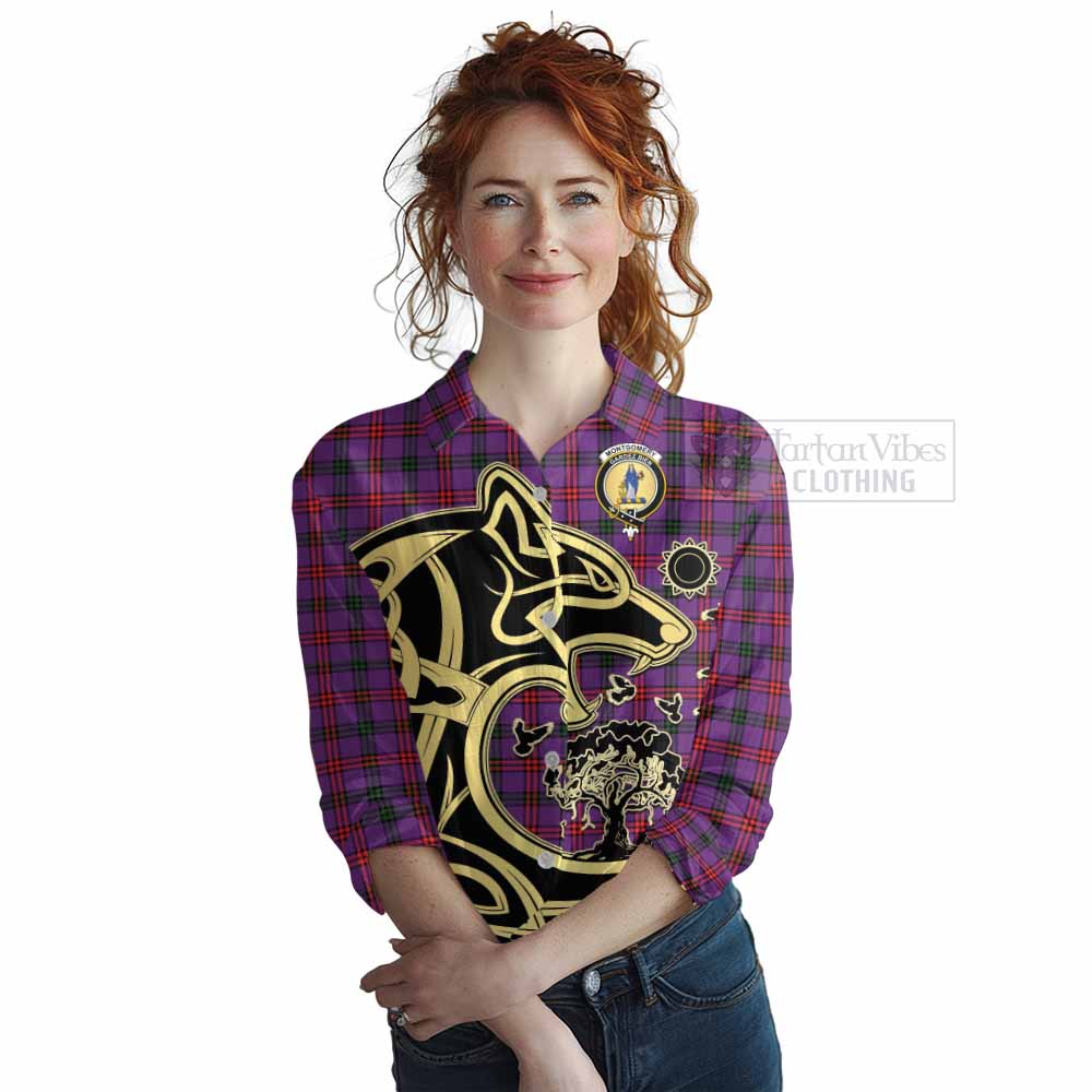 Tartan Vibes Clothing Montgomery Tartan Women's Casual Shirt with Family Crest Celtic Wolf Style