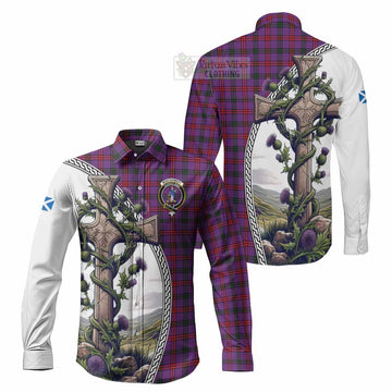 Montgomery Tartan Long Sleeve Button Shirt with Family Crest and St. Andrew's Cross Accented by Thistle Vines