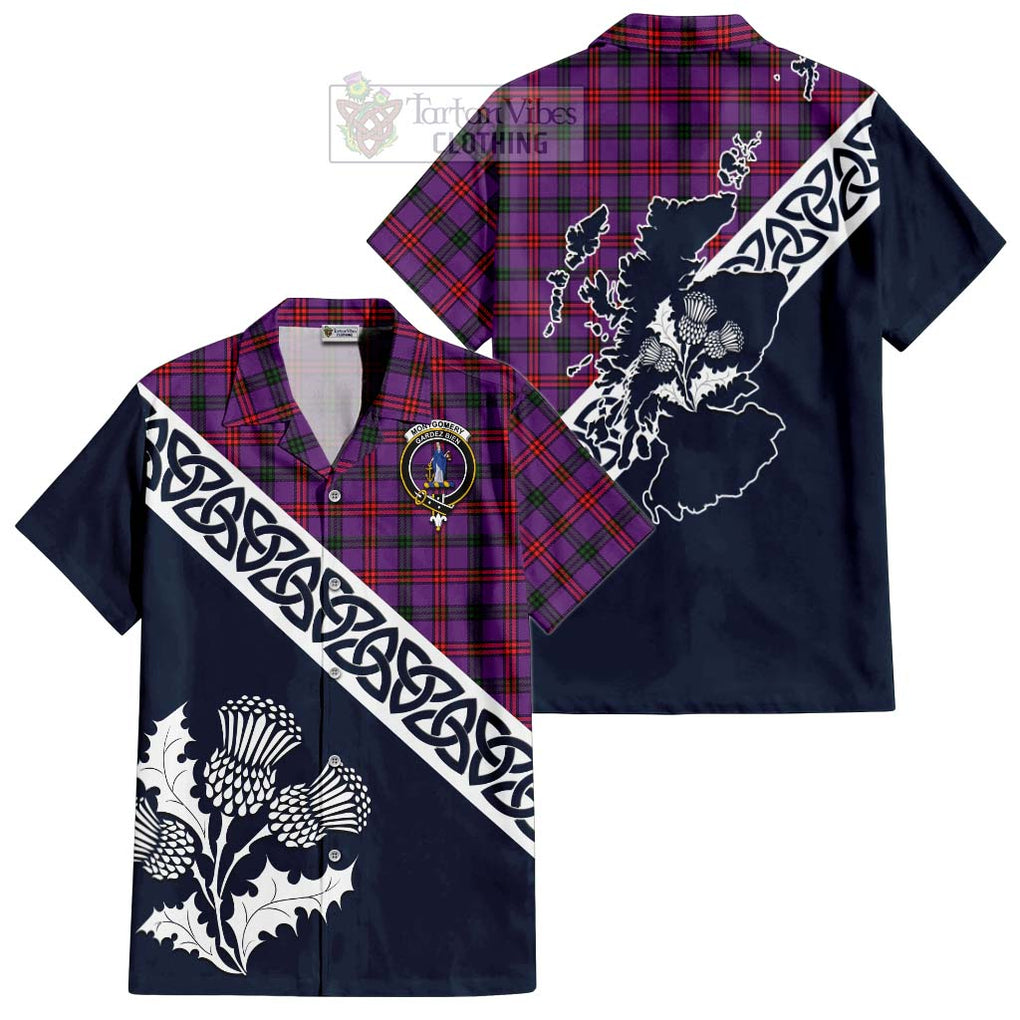 Tartan Vibes Clothing Montgomery Tartan Short Sleeve Button Shirt Featuring Thistle and Scotland Map