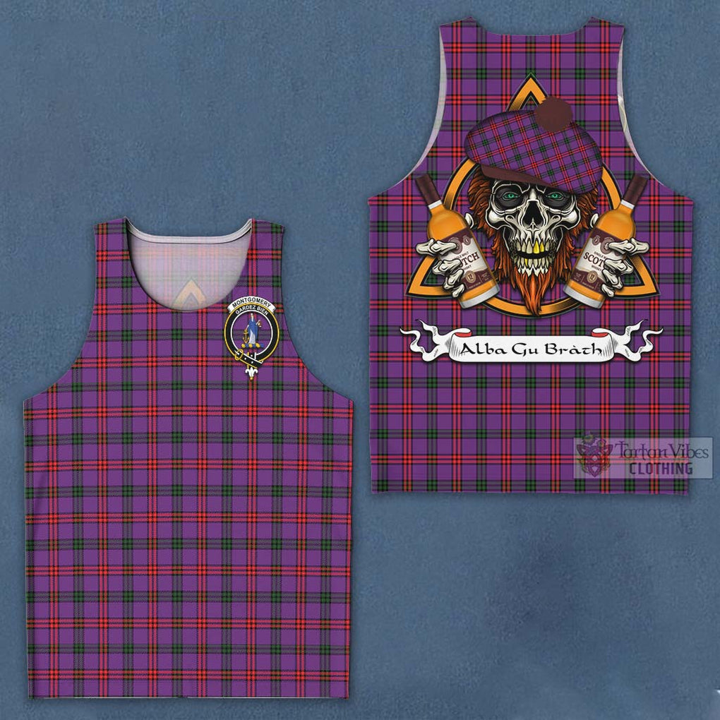 Tartan Vibes Clothing Montgomery Tartan Men's Tank Top with Family Crest and Bearded Skull Holding Bottles of Whiskey