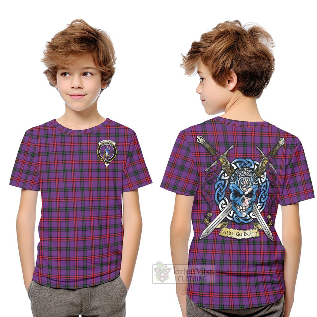 Tartan Vibes Clothing Montgomery Tartan Kid T-Shirt with Family Crest Celtic Skull Style