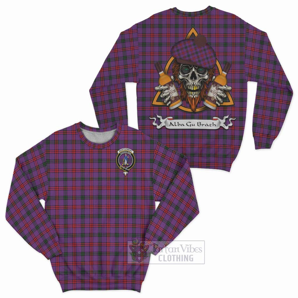 Tartan Vibes Clothing Montgomery Tartan Sweatshirt with Family Crest and Bearded Skull Holding Bottles of Whiskey