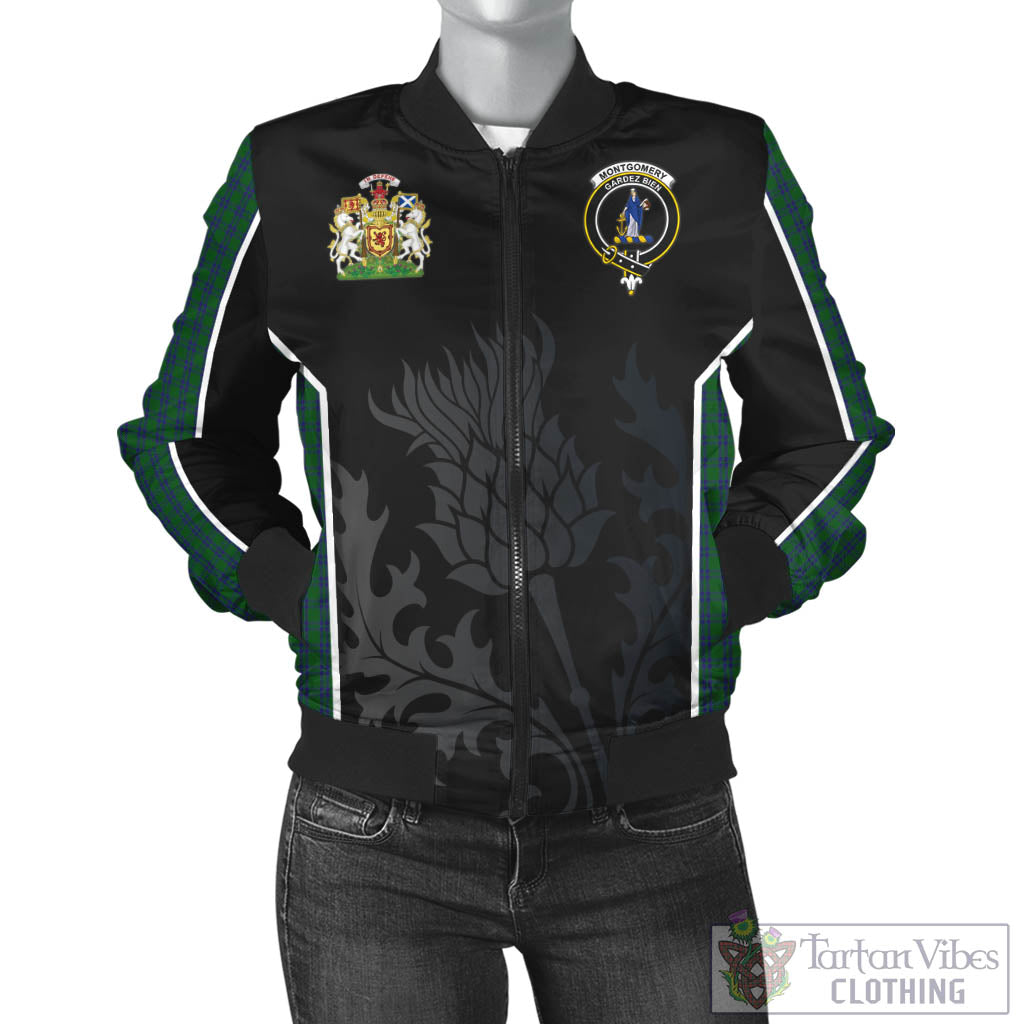 Tartan Vibes Clothing Montgomery Tartan Bomber Jacket with Family Crest and Scottish Thistle Vibes Sport Style