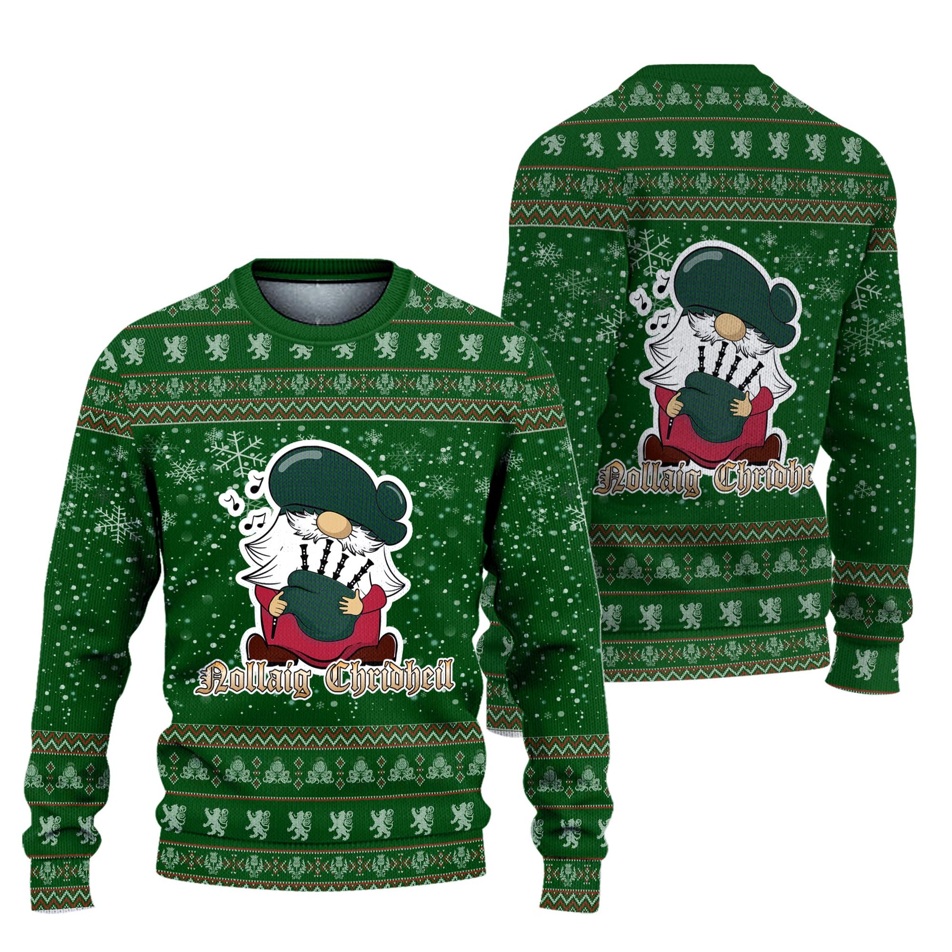 Montgomery Clan Christmas Family Knitted Sweater with Funny Gnome Playing Bagpipes Unisex Green - Tartanvibesclothing