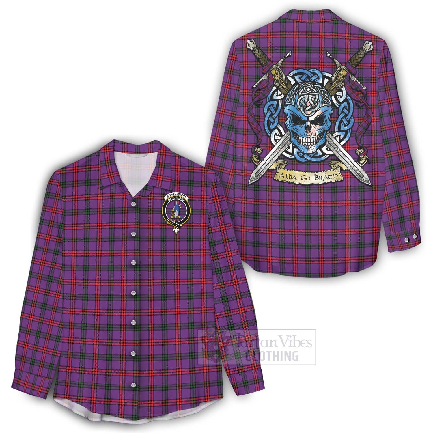 Tartan Vibes Clothing Montgomery Tartan Women's Casual Shirt with Family Crest Celtic Skull Style