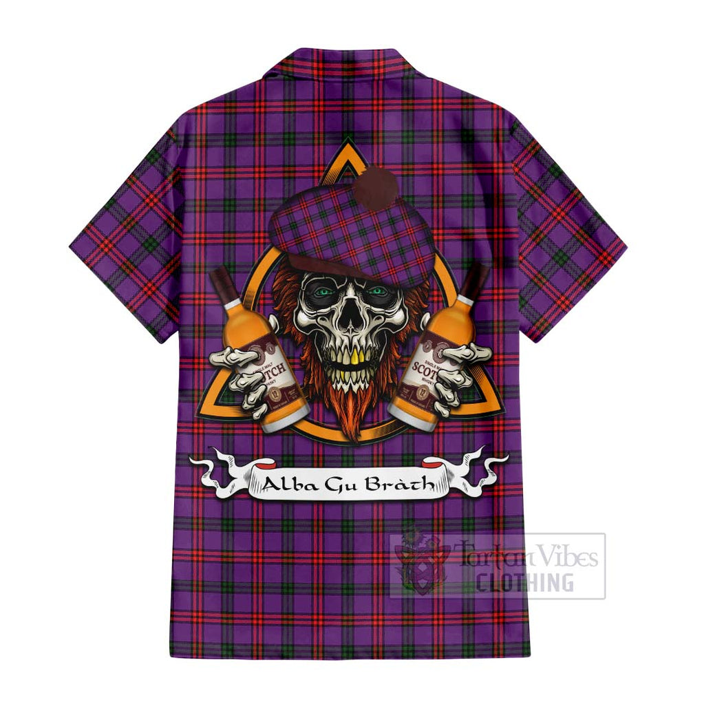 Tartan Vibes Clothing Montgomery Tartan Short Sleeve Button Shirt with Family Crest and Bearded Skull Holding Bottles of Whiskey