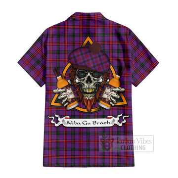 Montgomery Tartan Short Sleeve Button Shirt with Family Crest and Bearded Skull Holding Bottles of Whiskey