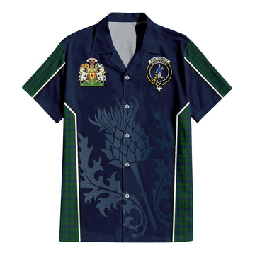 Montgomery Tartan Short Sleeve Button Up Shirt with Family Crest and Scottish Thistle Vibes Sport Style
