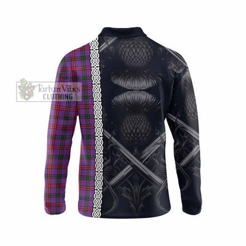 Montgomery Tartan Long Sleeve Polo Shirt with Family Crest Cross Sword Thistle Celtic Vibes