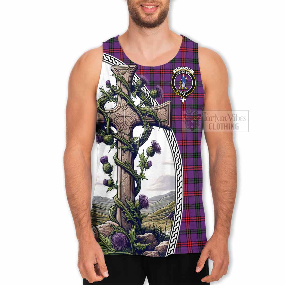 Tartan Vibes Clothing Montgomery Tartan Men's Tank Top with Family Crest and St. Andrew's Cross Accented by Thistle Vines