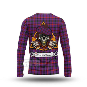 Montgomery Tartan Long Sleeve T-Shirt with Family Crest and Bearded Skull Holding Bottles of Whiskey