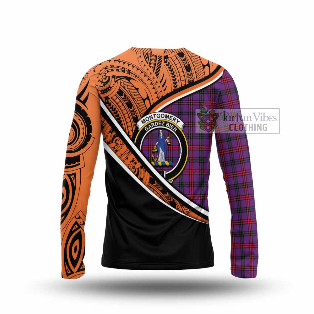 Tartan Vibes Clothing Montgomery Crest Tartan Long Sleeve T-Shirt with Maori Tattoo Style - Orange Version