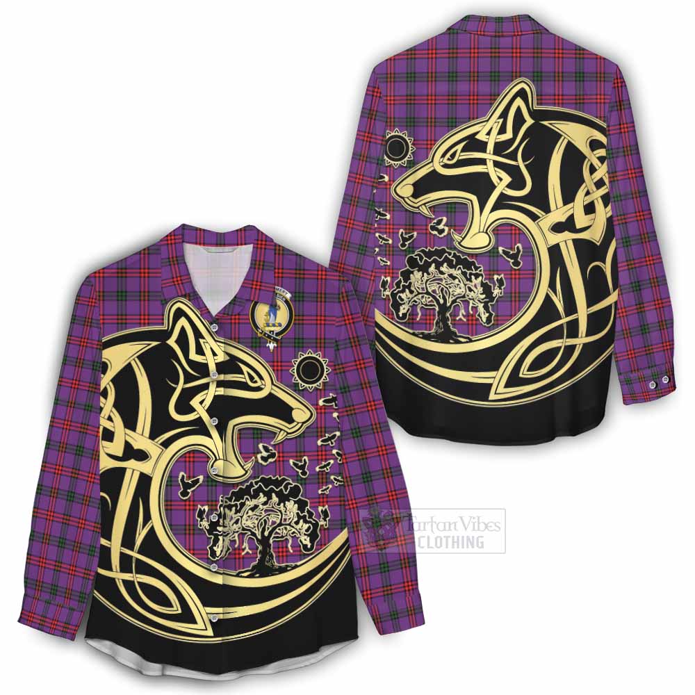 Tartan Vibes Clothing Montgomery Tartan Women's Casual Shirt with Family Crest Celtic Wolf Style