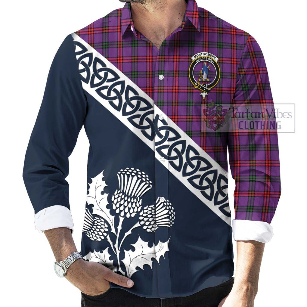 Tartan Vibes Clothing Montgomery Tartan Long Sleeve Button Shirt Featuring Thistle and Scotland Map