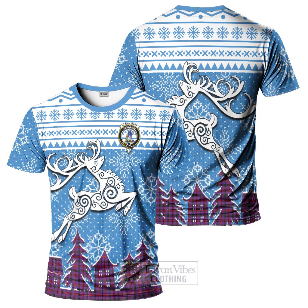 Tartan Vibes Clothing Montgomery Clan Christmas T-Shirt Celtic Reindeer Style