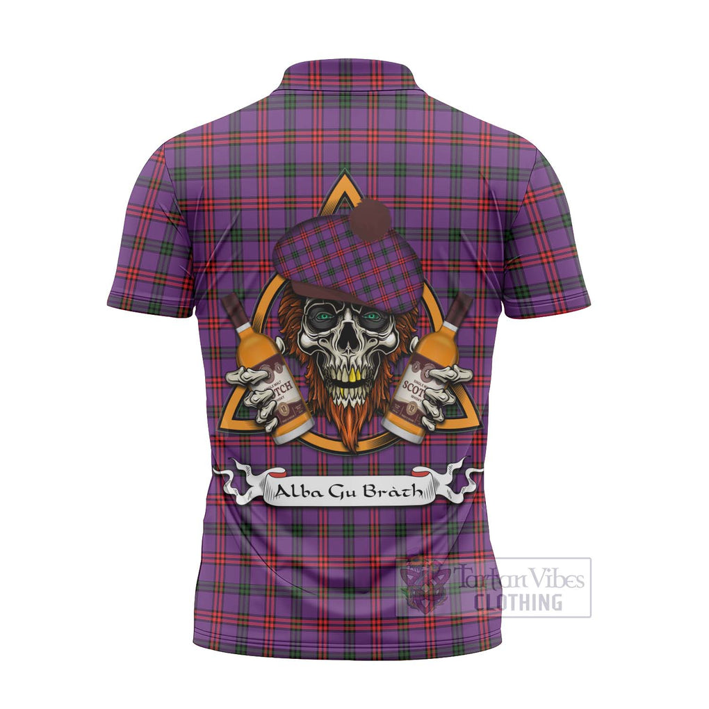 Tartan Vibes Clothing Montgomery Tartan Zipper Polo Shirt with Family Crest and Bearded Skull Holding Bottles of Whiskey