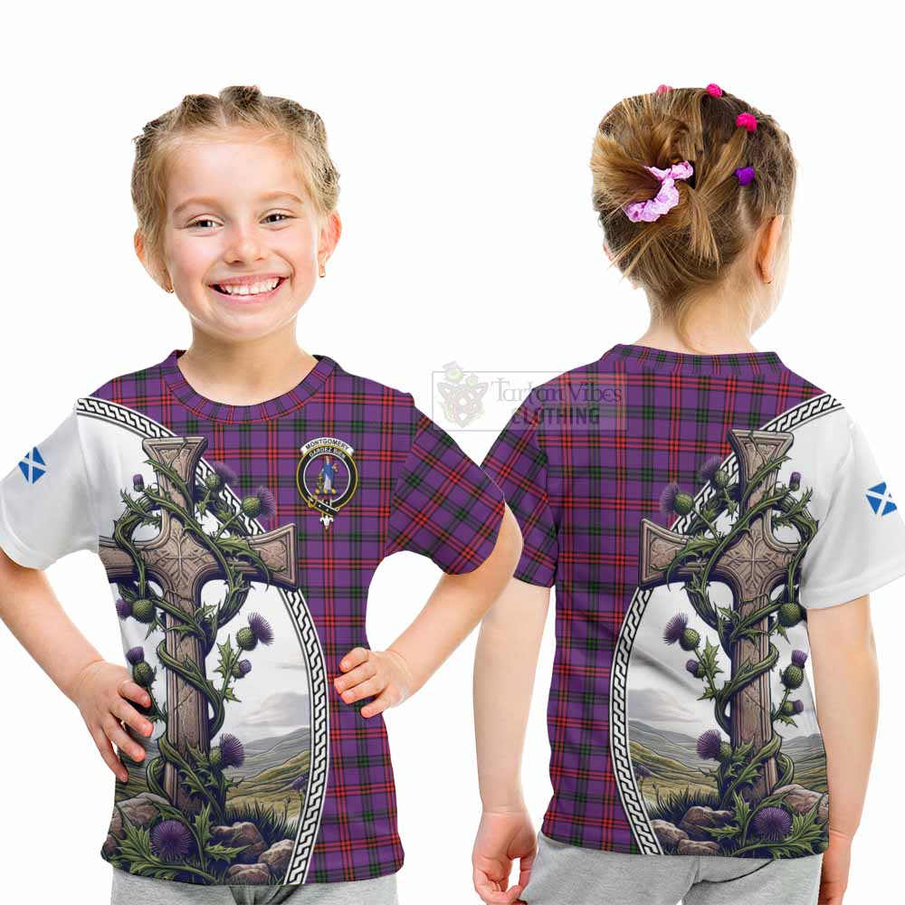 Tartan Vibes Clothing Montgomery Tartan Kid T-Shirt with Family Crest and St. Andrew's Cross Accented by Thistle Vines