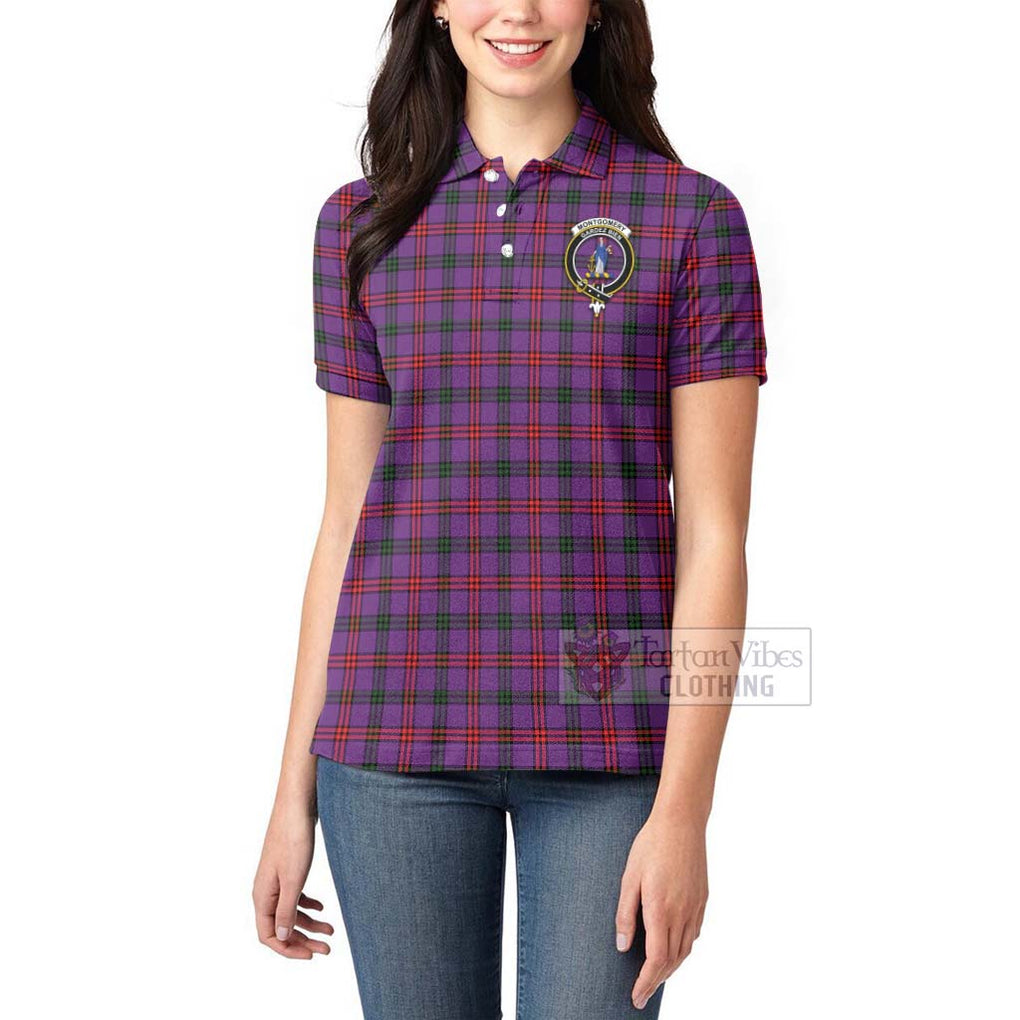 Tartan Vibes Clothing Montgomery Tartan Women's Polo Shirt with Family Crest and Bearded Skull Holding Bottles of Whiskey