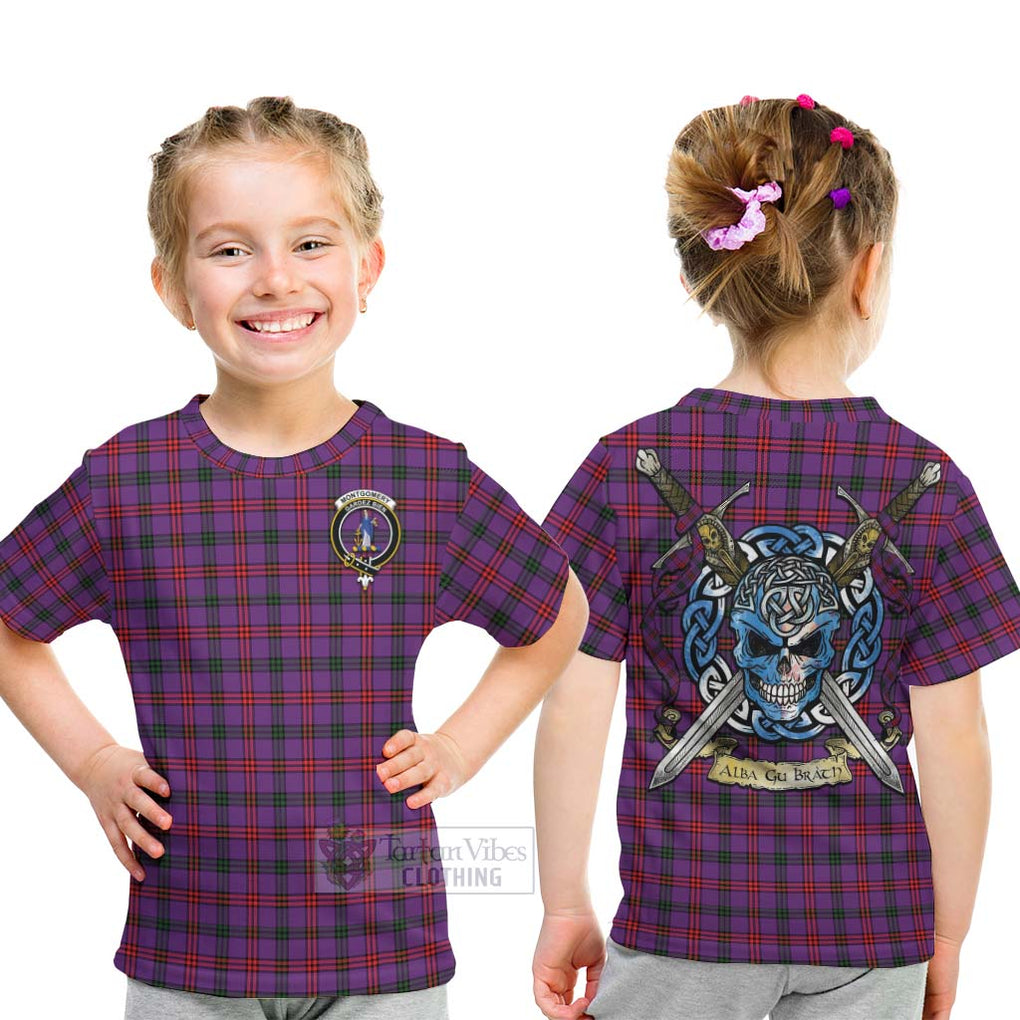 Tartan Vibes Clothing Montgomery Tartan Kid T-Shirt with Family Crest Celtic Skull Style