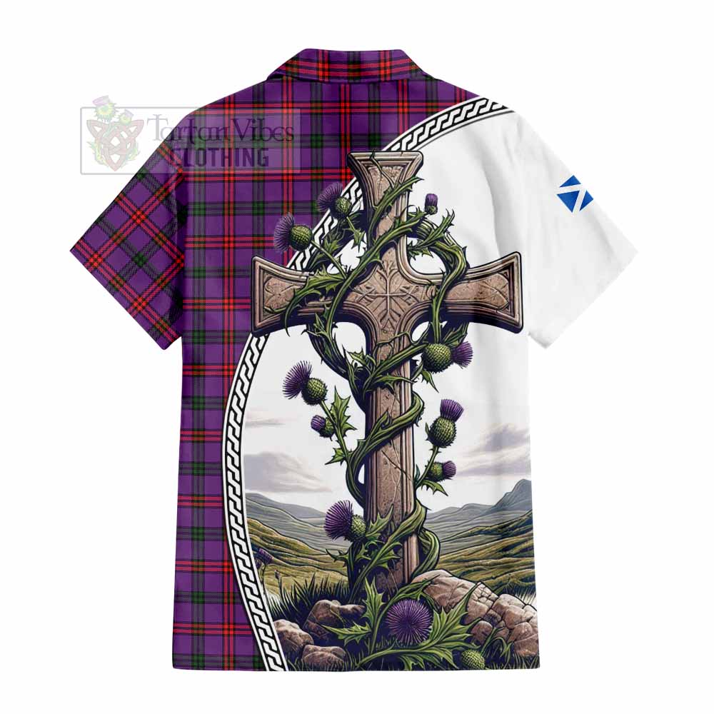 Tartan Vibes Clothing Montgomery Tartan Short Sleeve Button Shirt with Family Crest and St. Andrew's Cross Accented by Thistle Vines