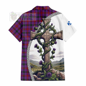 Montgomery Tartan Short Sleeve Button Shirt with Family Crest and St. Andrew's Cross Accented by Thistle Vines