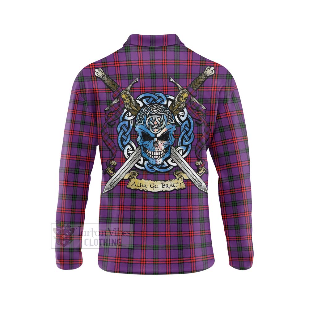 Montgomery Tartan Long Sleeve Polo Shirt with Family Crest Celtic Skull Style - Tartan Vibes Clothing