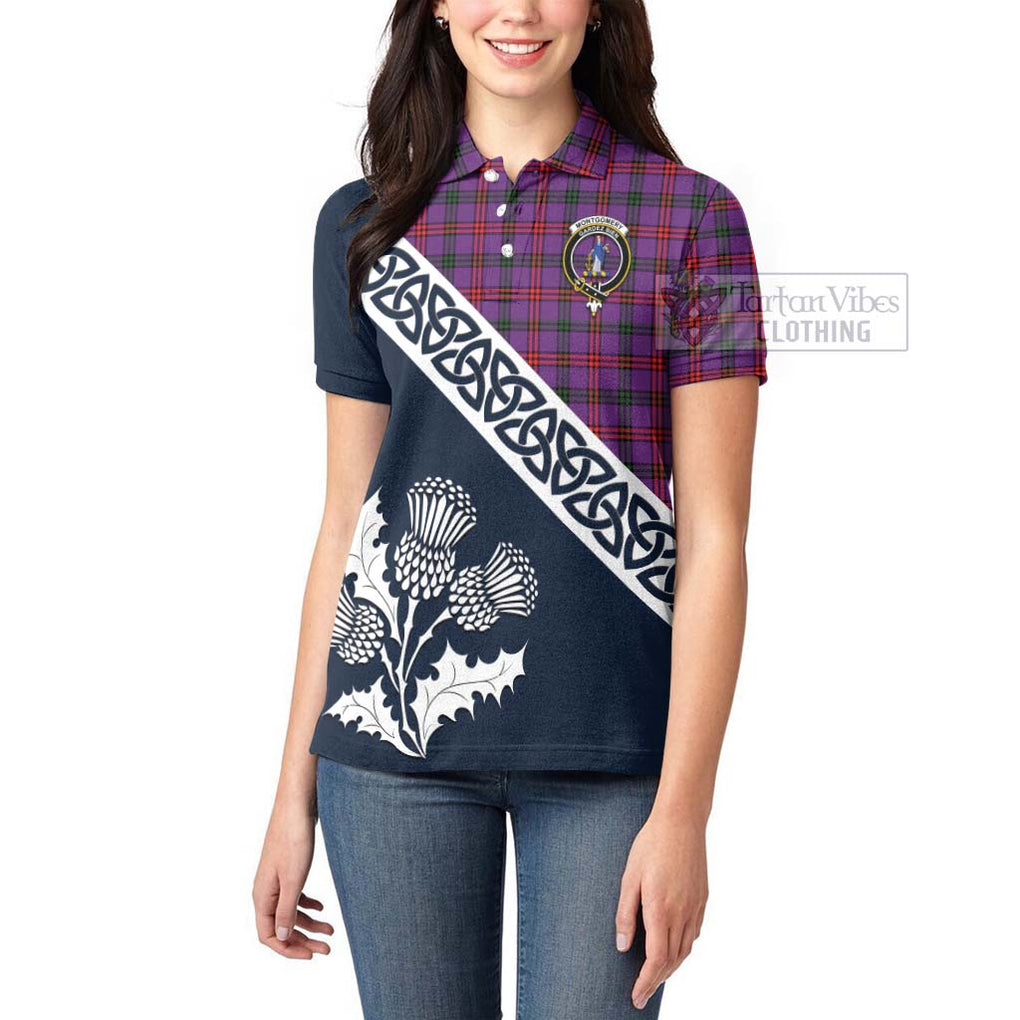 Tartan Vibes Clothing Montgomery Tartan Women's Polo Shirt Featuring Thistle and Scotland Map