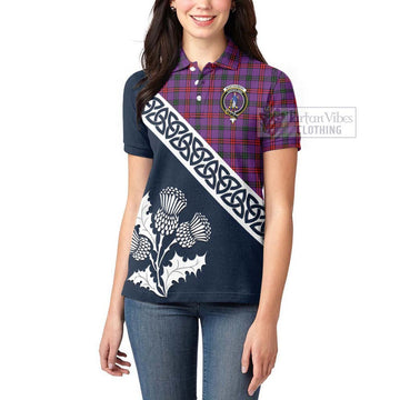 Montgomery Tartan Women's Polo Shirt Featuring Thistle and Scotland Map