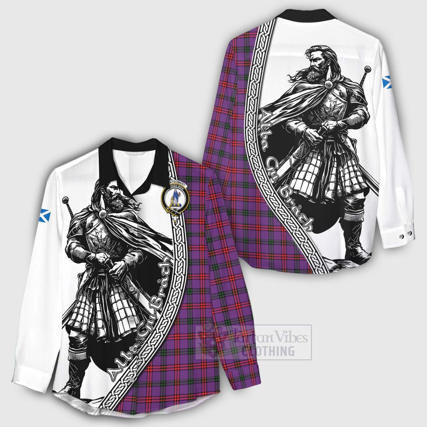 Tartan Vibes Clothing Montgomery Tartan Clan Crest Women's Casual Shirt with Highlander Warrior Celtic Style