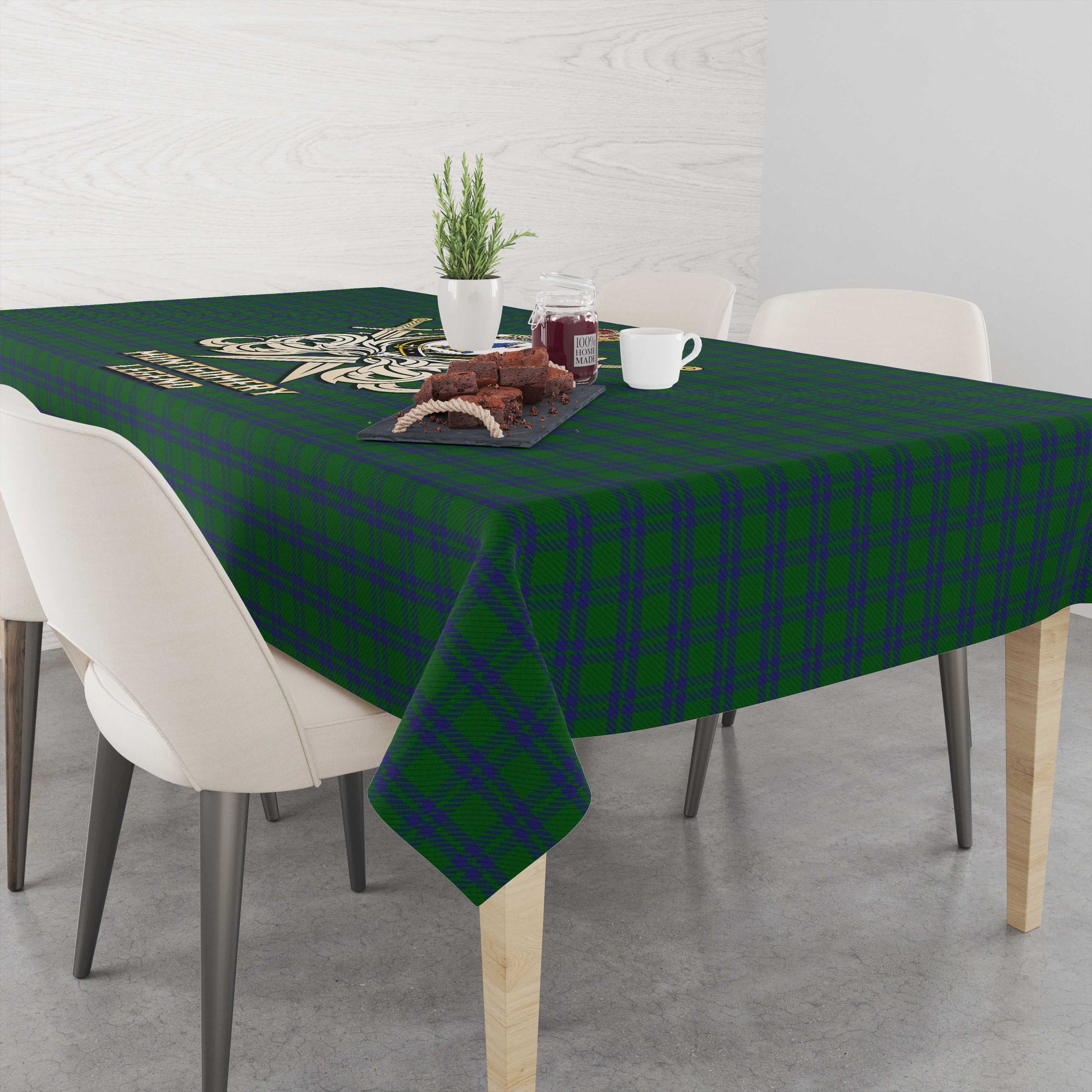 Tartan Vibes Clothing Montgomery Tartan Tablecloth with Clan Crest and the Golden Sword of Courageous Legacy
