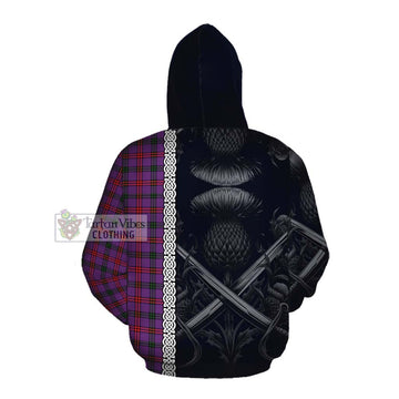 Montgomery Tartan Cotton Hoodie with Family Crest Cross Sword Thistle Celtic Vibes