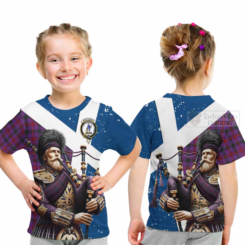 Tartan Vibes Clothing Montgomery Tartan Kid T-Shirt with Family Crest Scottish Bagpiper Vibes