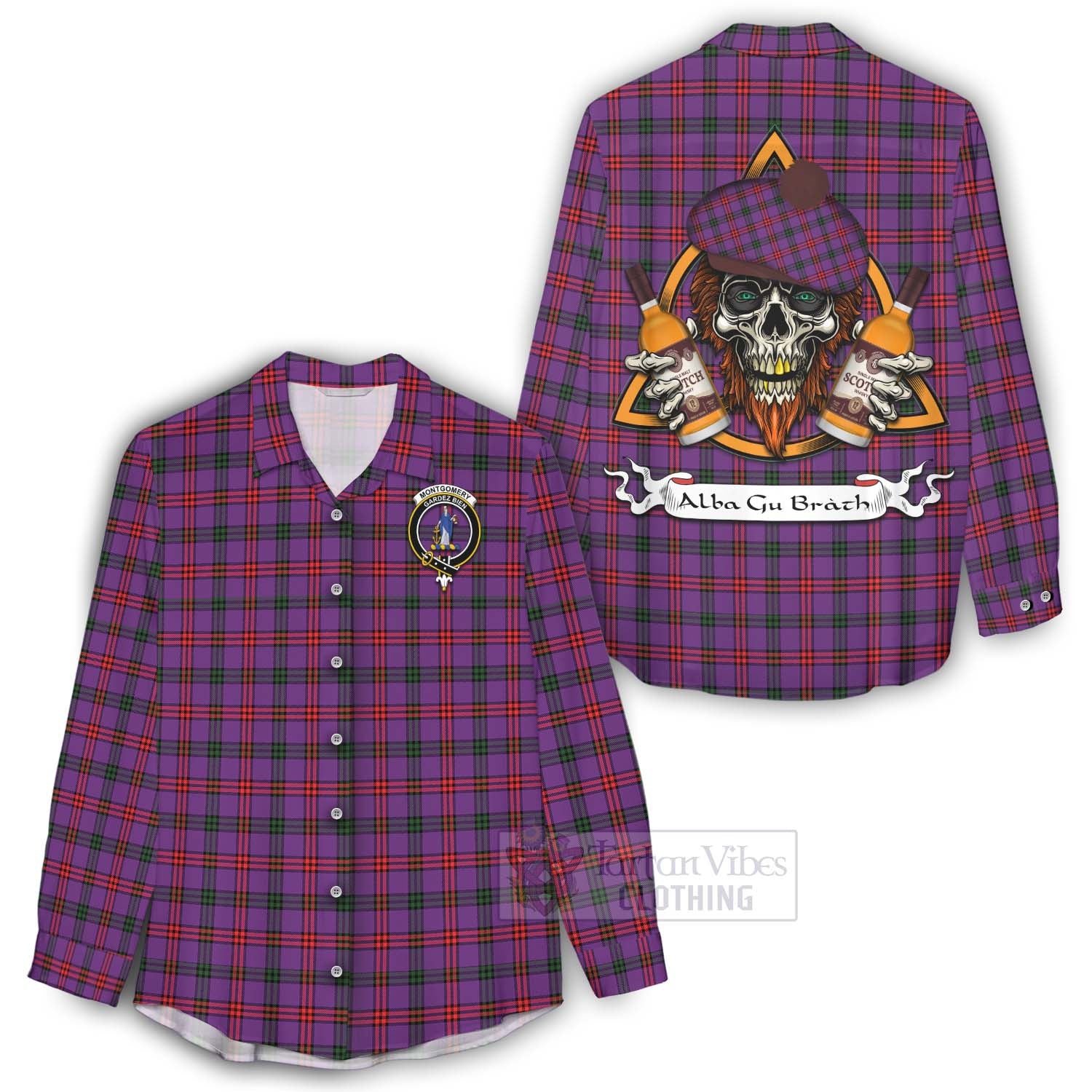 Tartan Vibes Clothing Montgomery Tartan Women's Casual Shirt with Family Crest and Bearded Skull Holding Bottles of Whiskey