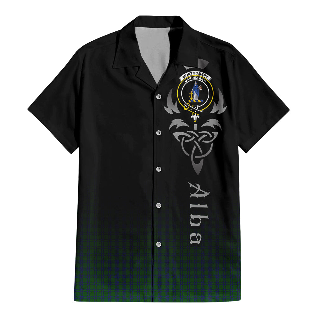 Tartan Vibes Clothing Montgomery Tartan Short Sleeve Button Up Featuring Alba Gu Brath Family Crest Celtic Inspired