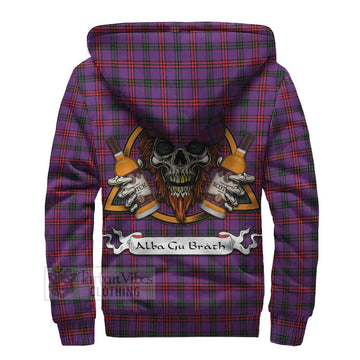 Montgomery Tartan Sherpa Hoodie with Family Crest and Bearded Skull Holding Bottles of Whiskey