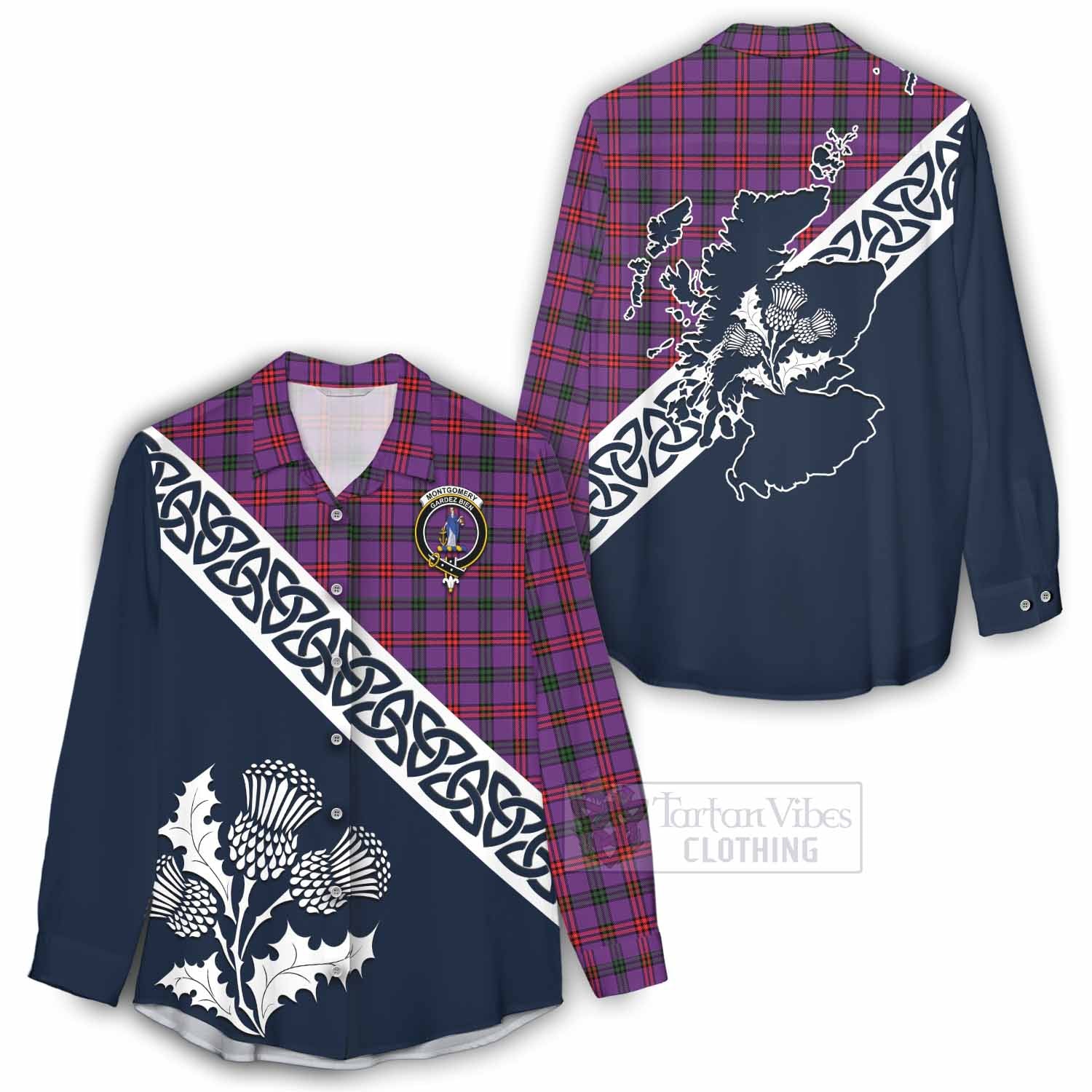 Tartan Vibes Clothing Montgomery Tartan Women's Casual Shirt Featuring Thistle and Scotland Map