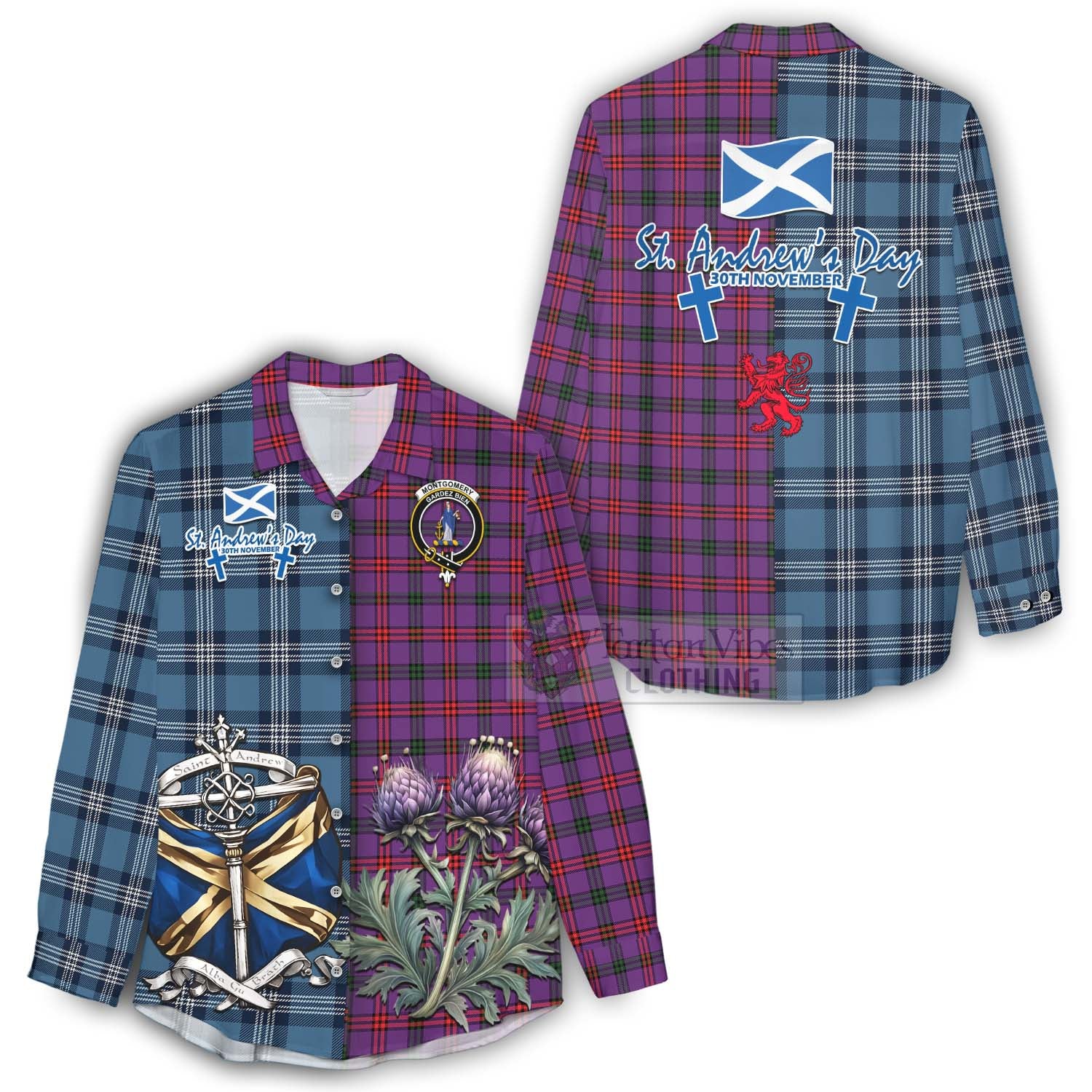 Tartan Vibes Clothing Montgomery Tartan Women's Casual Shirt Happy St. Andrew's Day Half Tartan Style