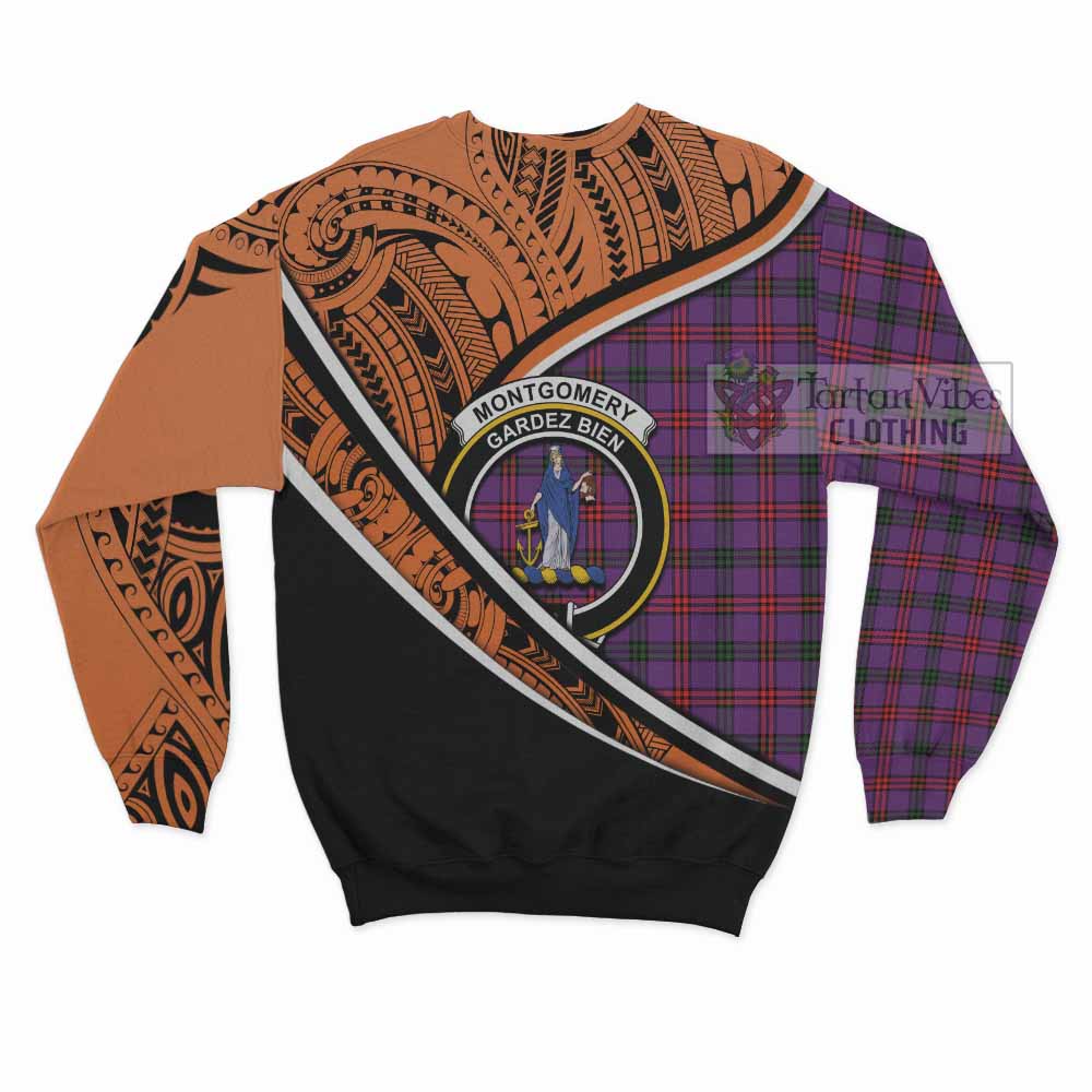 Tartan Vibes Clothing Montgomery Crest Tartan Sweatshirt with Maori Tattoo Style - Orange Version