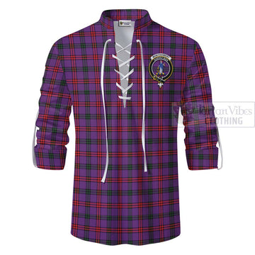 Montgomery Tartan Ghillie Kilt Shirt with Family Crest and Bearded Skull Holding Bottles of Whiskey