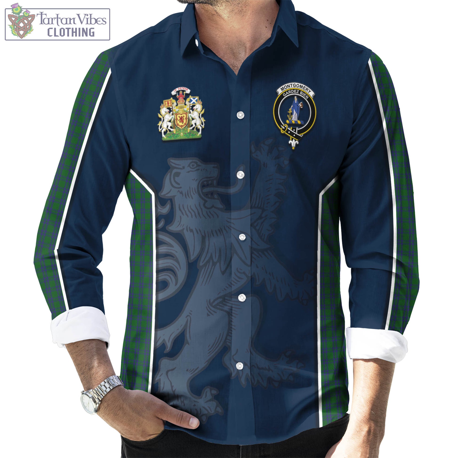 Tartan Vibes Clothing Montgomery Tartan Long Sleeve Button Up Shirt with Family Crest and Lion Rampant Vibes Sport Style