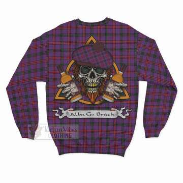 Montgomery Tartan Sweatshirt with Family Crest and Bearded Skull Holding Bottles of Whiskey