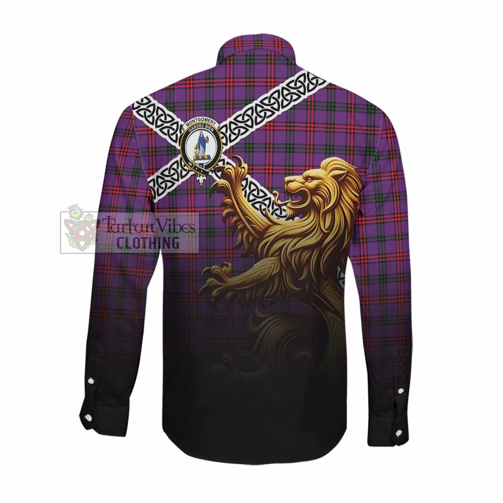 Montgomery Crest Tartan Long Sleeve Button Shirt with Golden Lion Emblem Celtic Style Men's Shirt - Tartan Vibes Clothing