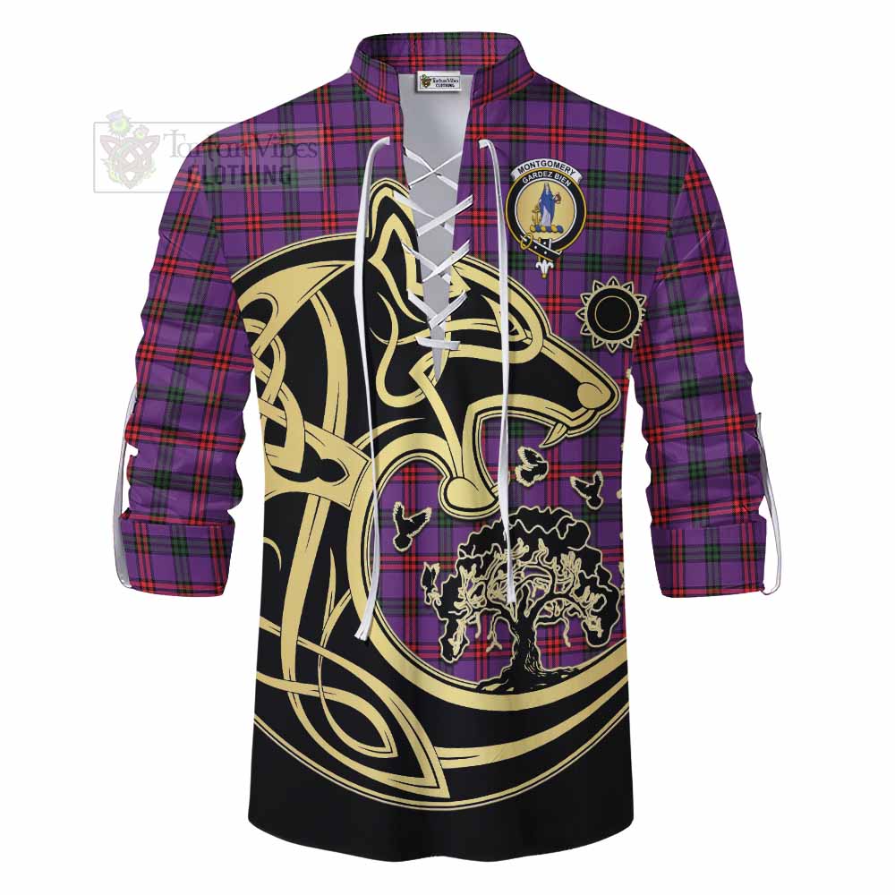 Tartan Vibes Clothing Montgomery Tartan Ghillie Kilt Shirt with Family Crest Celtic Wolf Style