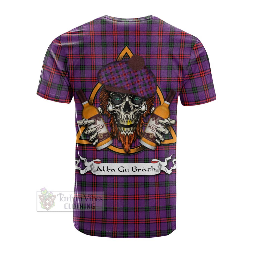 Tartan Vibes Clothing Montgomery Tartan Cotton T-shirt with Family Crest and Bearded Skull Holding Bottles of Whiskey