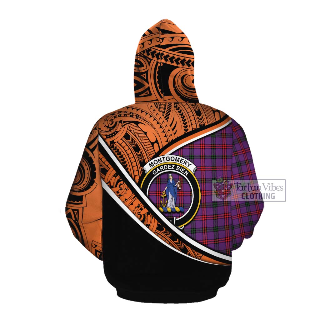 Tartan Vibes Clothing Montgomery Crest Tartan Cotton Hoodie with Maori Tattoo Style - Orange Version