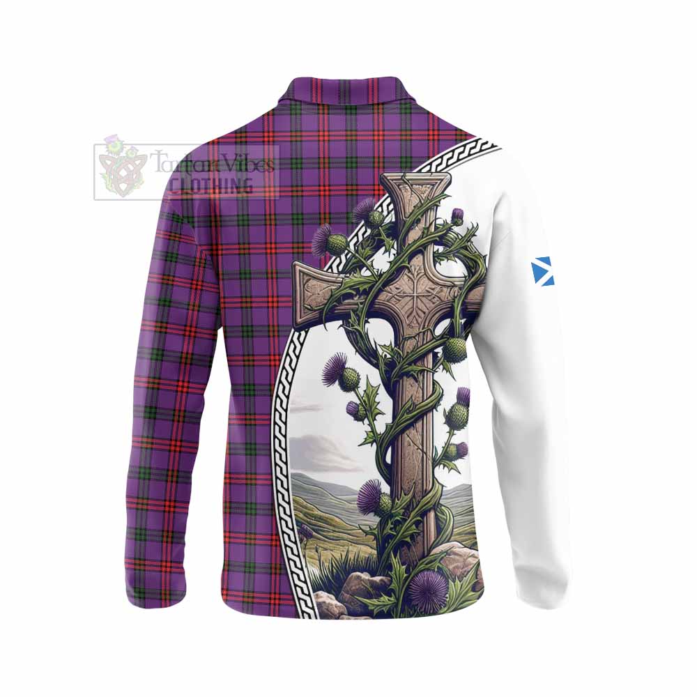 Tartan Vibes Clothing Montgomery Tartan Long Sleeve Polo Shirt with Family Crest and St. Andrew's Cross Accented by Thistle Vines