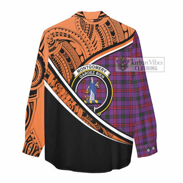 Montgomery Crest Tartan Women's Casual Shirt with Polynesian Vibes Style - Orange Version