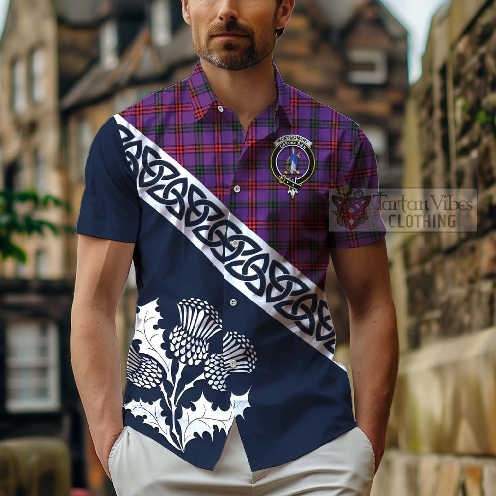 Tartan Vibes Clothing Montgomery Tartan Short Sleeve Button Shirt Featuring Thistle and Scotland Map