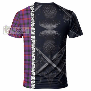 Montgomery Tartan T-Shirt with Family Crest Cross Sword Thistle Celtic Vibes